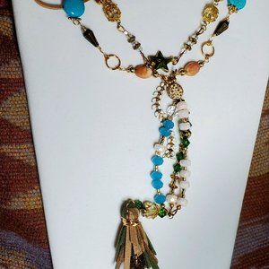 48" FALLISH DYNASTY LEATHER, MULIT- COLORS, BEADED NECKLACE.